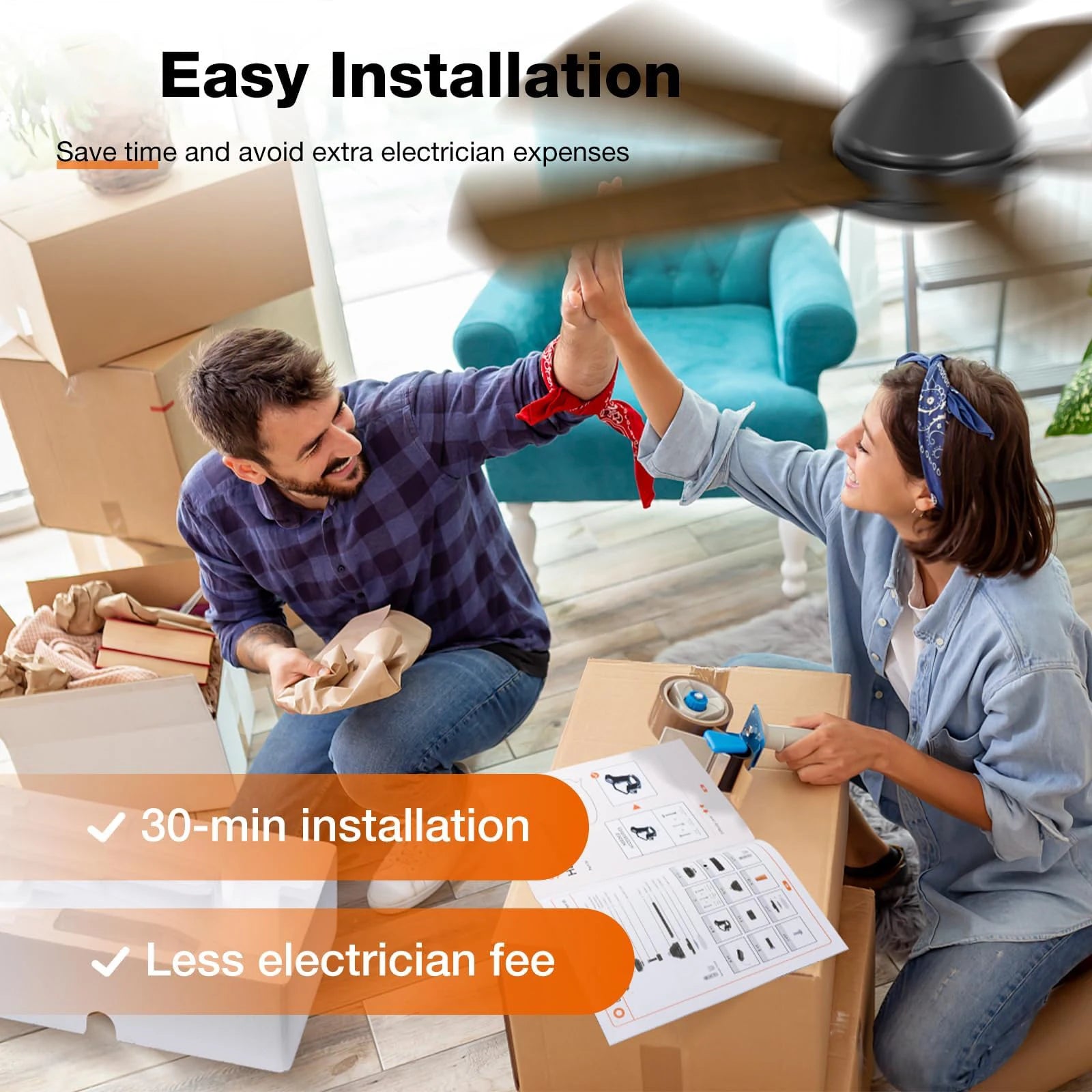 Ventilatore da soffitto moderno con luce LED e telecomando – dettaglio 4