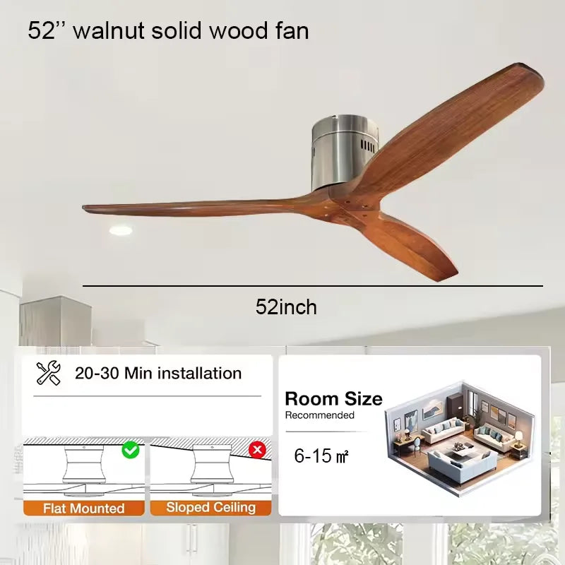 Ventilatore da Soffitto in Legno Massello da 52 Pollici, Silenzioso con Telecomando, per Sala da Pranzo e – foto 4