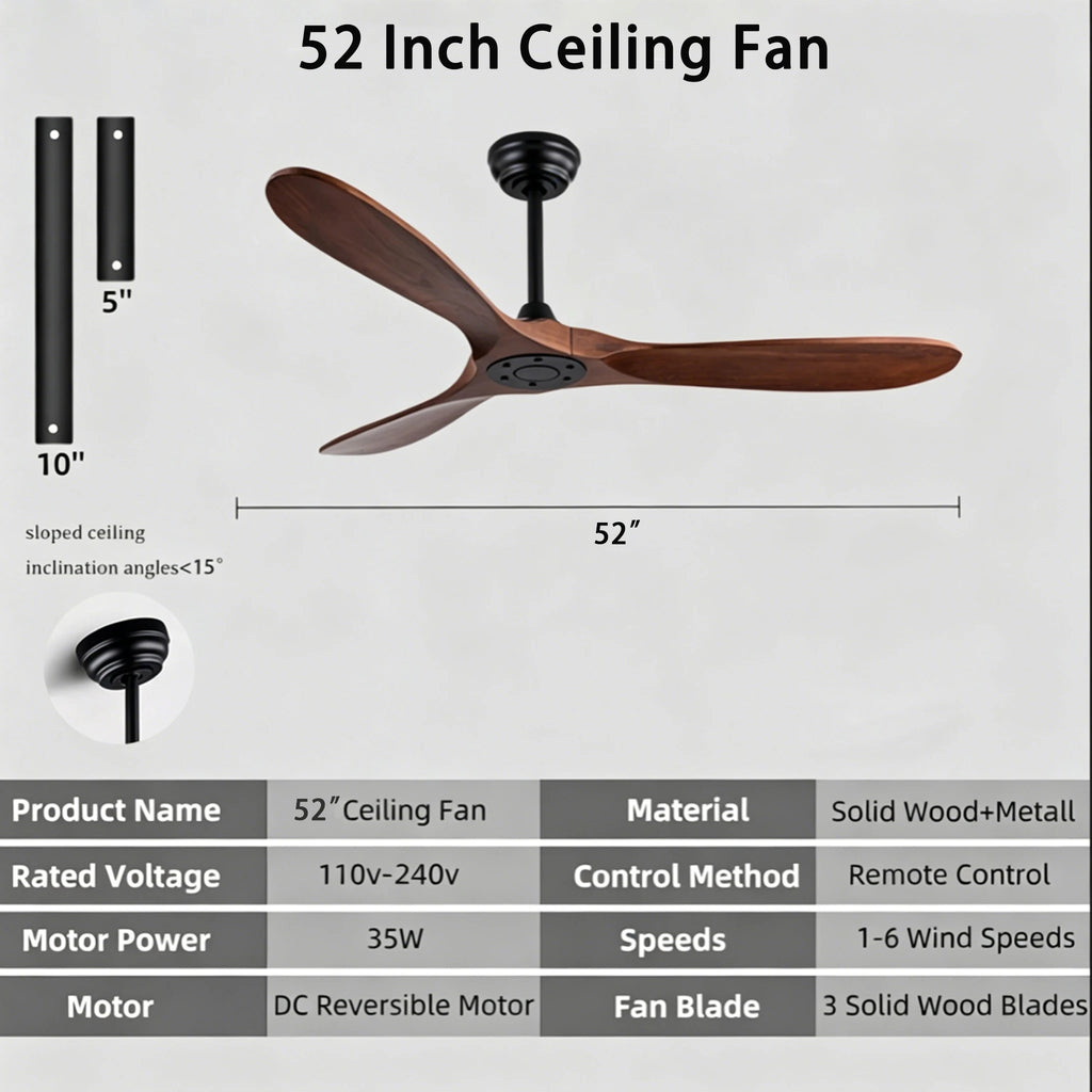 Ventilatore da soffitto in legno massello con motore DC silenzioso, reversibile, senza luce, con telecomando – foto 7