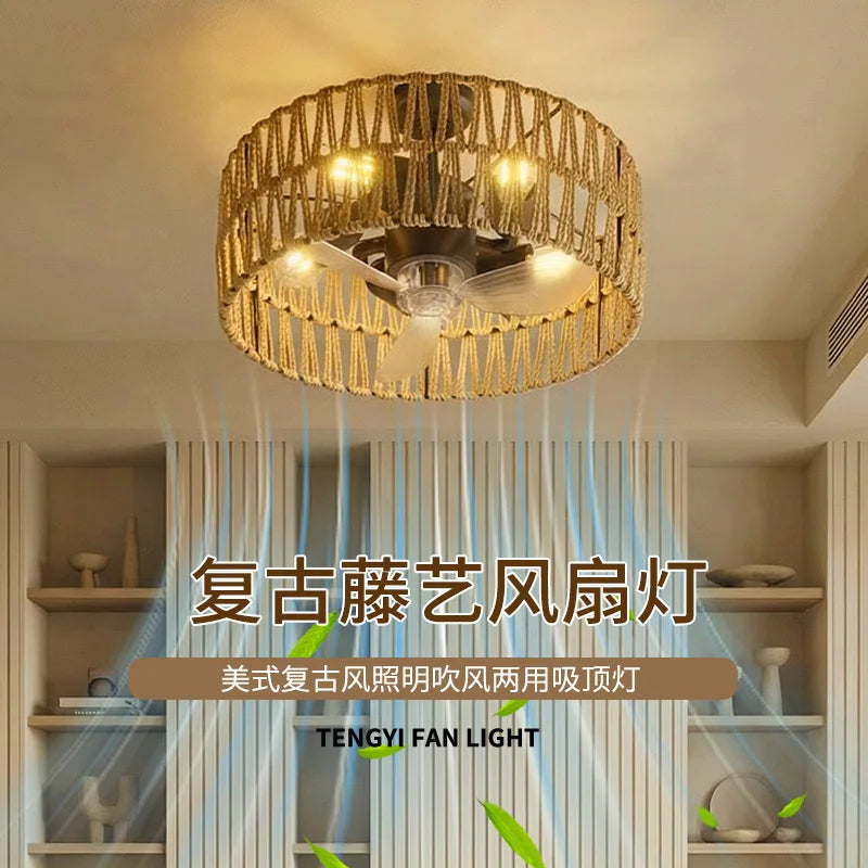 Ventilatore da Soffitto E27 con Luce 30cm, Lampada Ventilatore LED Vintage in Rattan Bohémien con Telecomando