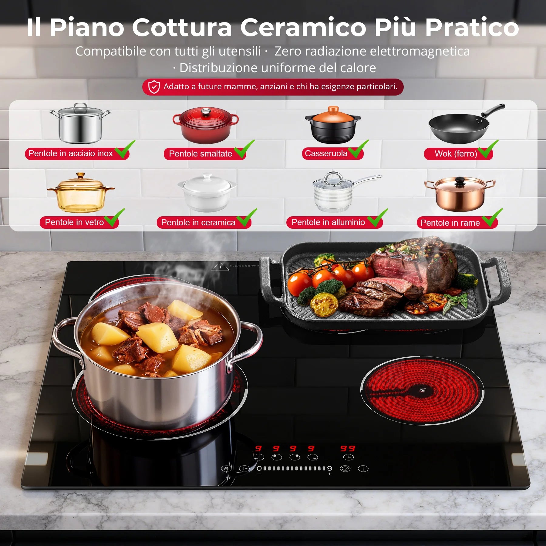 Piano cottura in ceramica da incasso 60 cm, 4 zone, 6700 W – dettaglio 1
