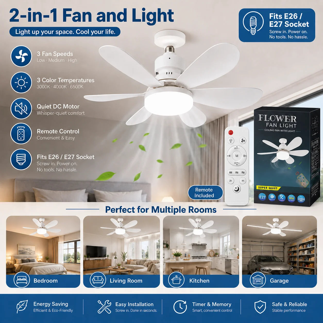 Lampada Ventilatore a Soffitto LED E27 con Telecomando, 3 Colori Dimmerabili, Base Rotante per Camera da – foto 3