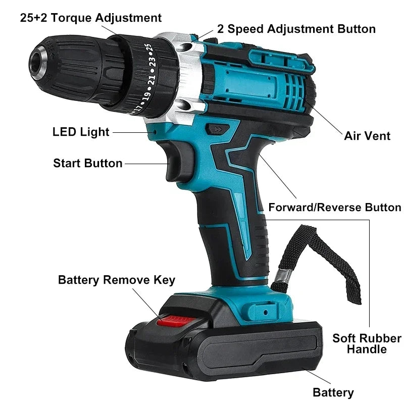 Trapano avvitatore a percussione a batteria, 25+3 di coppia – dettaglio 3