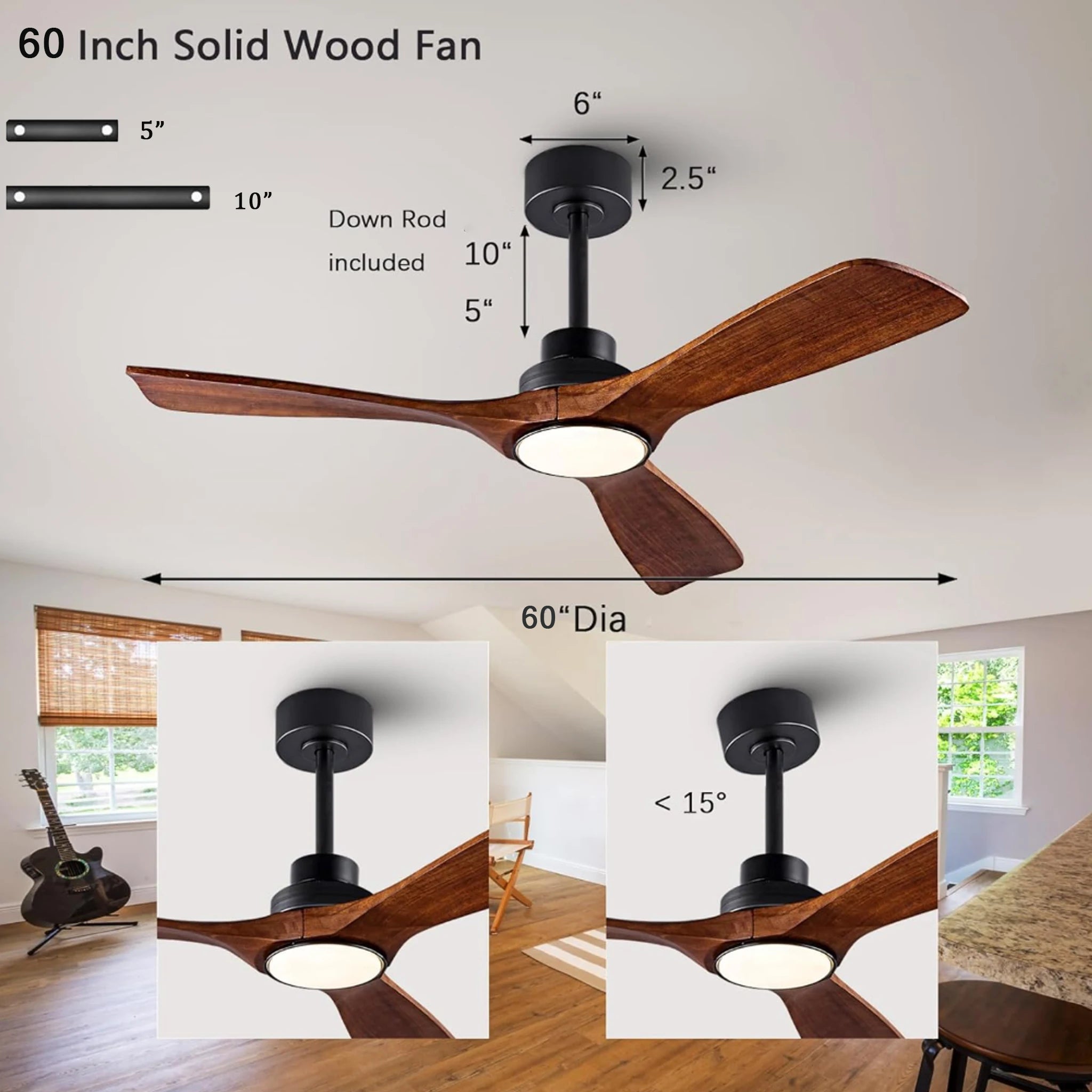Ventilatore da Soffitto in Legno Massiccio da 42 52 60 Pollici con Luci, Telecomando, Motore DC Silenzioso, 3 – foto 9