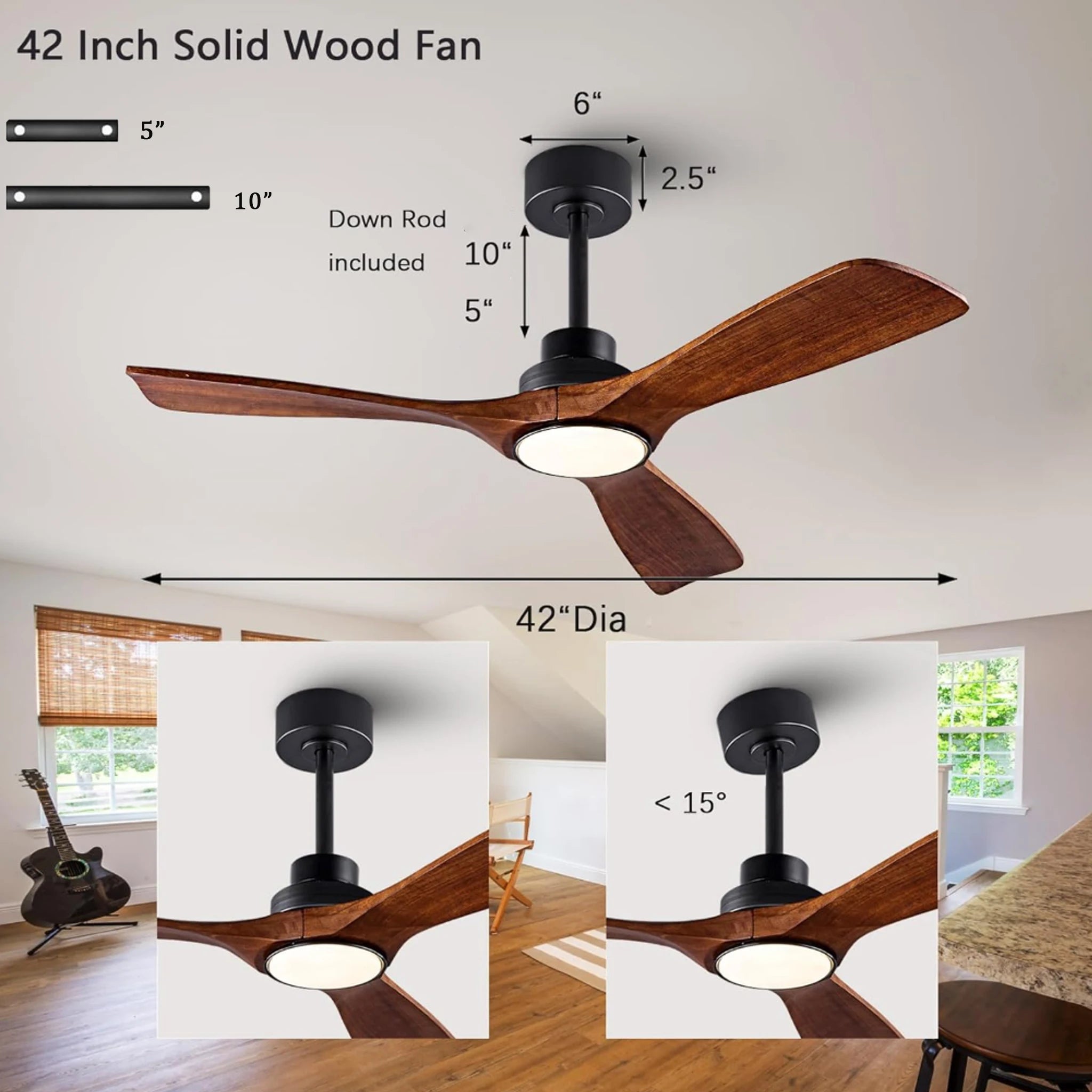 Ventilatore da Soffitto in Legno Massiccio da 42 52 60 Pollici con Luci, Telecomando, Motore DC Silenzioso, 3 – foto 7