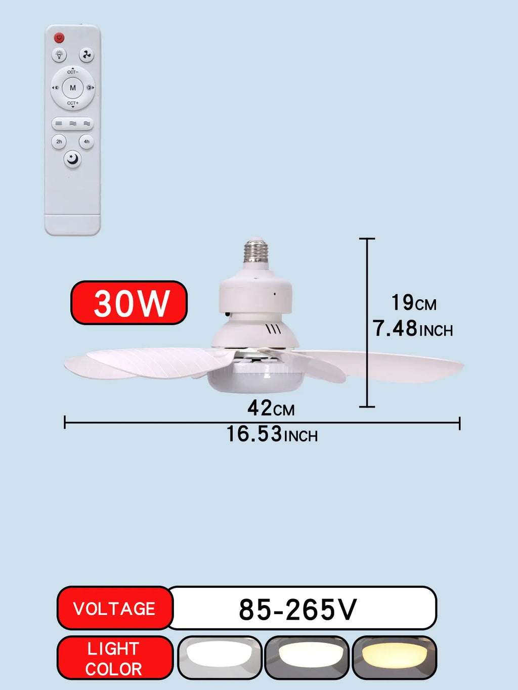 Ventilatore da soffitto 6 pale con luce LED E27 e timer – dettaglio 7