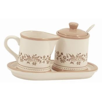 Zuccheriera e lattiera in ceramica con fiori marroni (kit da 5)