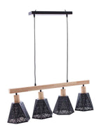 Lampadario in metallo nero e legno naturale a 4 luci, 90x18H30 cm